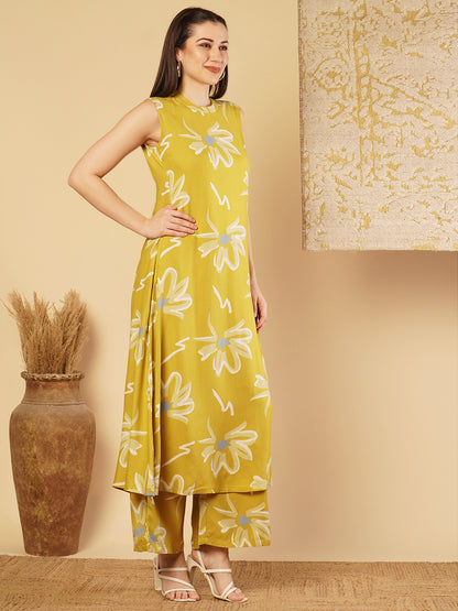 Abstract Floral Printed A-Line Paneled Co-ord Set -Mustard Green