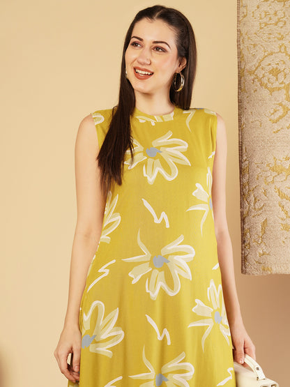 Abstract Floral Printed A-Line Paneled Co-ord Set -Mustard Green