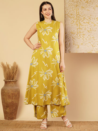 Abstract Floral Printed A-Line Paneled Co-ord Set -Mustard Green