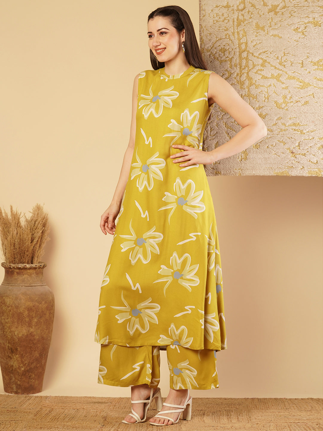 Abstract Floral Printed A-Line Paneled Co-ord Set -Mustard Green