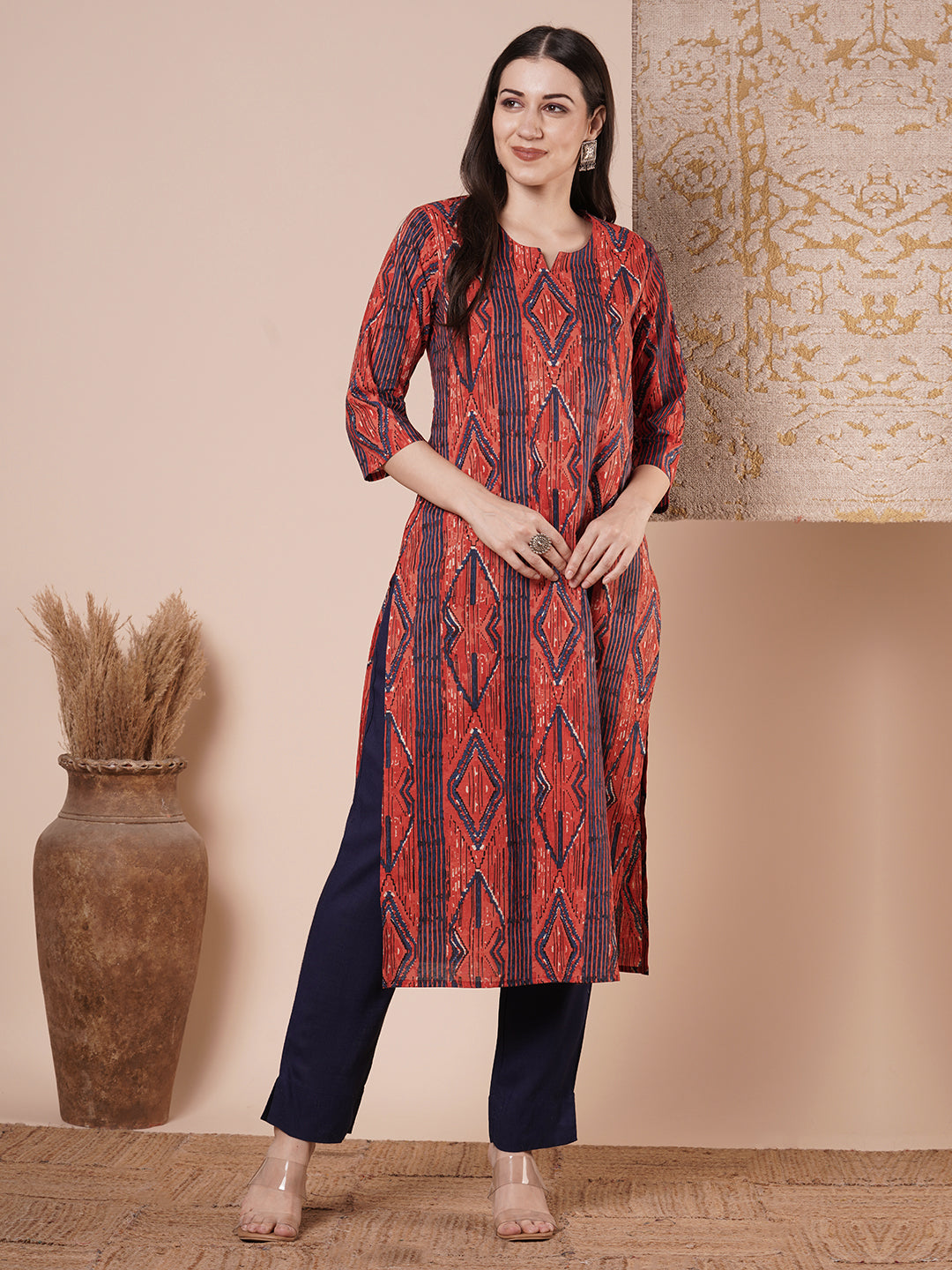 Ethnic Stripes Printed & Embroidered Straight Fit Kurta - Red