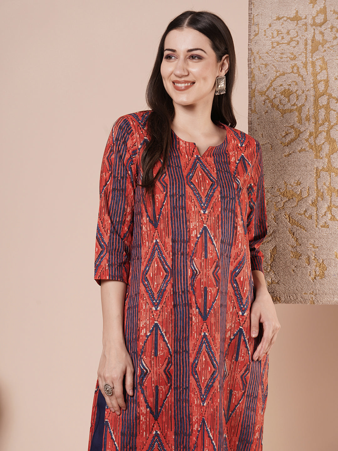 Ethnic Stripes Printed & Embroidered Straight Fit Kurta - Red