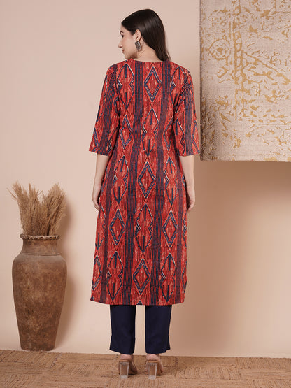 Ethnic Stripes Printed & Embroidered Straight Fit Kurta - Red