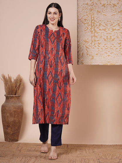 Ethnic Stripes Printed & Embroidered Straight Fit Kurta - Red