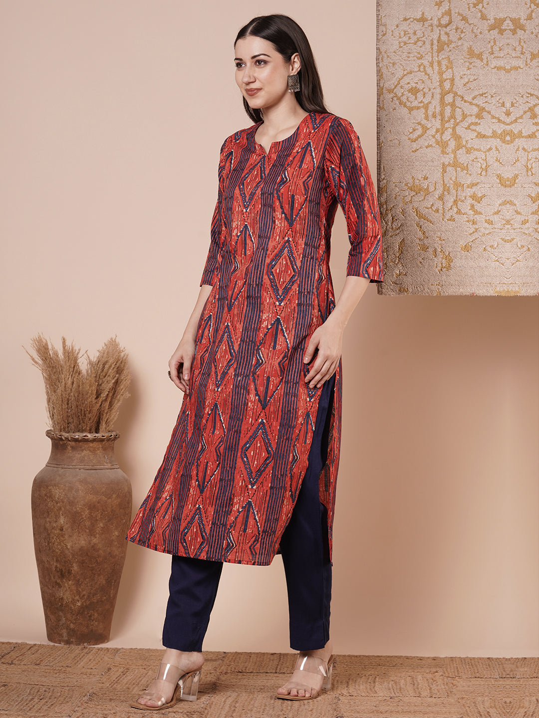 Ethnic Stripes Printed & Embroidered Straight Fit Kurta - Red