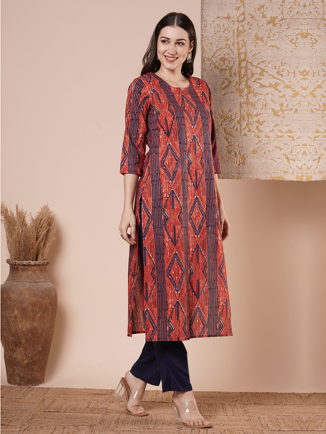 Ethnic Stripes Printed & Embroidered Straight Fit Kurta - Red