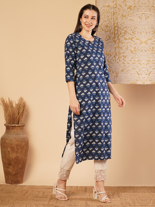 Ethnic Printed & Embroidered Straight Fit Kurta - Blue