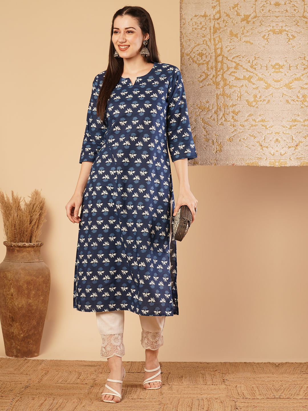 Ethnic Printed & Embroidered Straight Fit Kurta - Blue