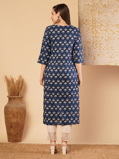 Ethnic Printed & Embroidered Straight Fit Kurta - Blue