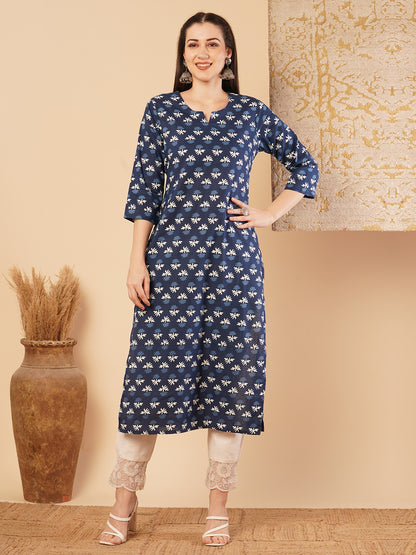 Ethnic Printed & Embroidered Straight Fit Kurta - Blue