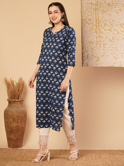 Ethnic Printed & Embroidered Straight Fit Kurta - Blue