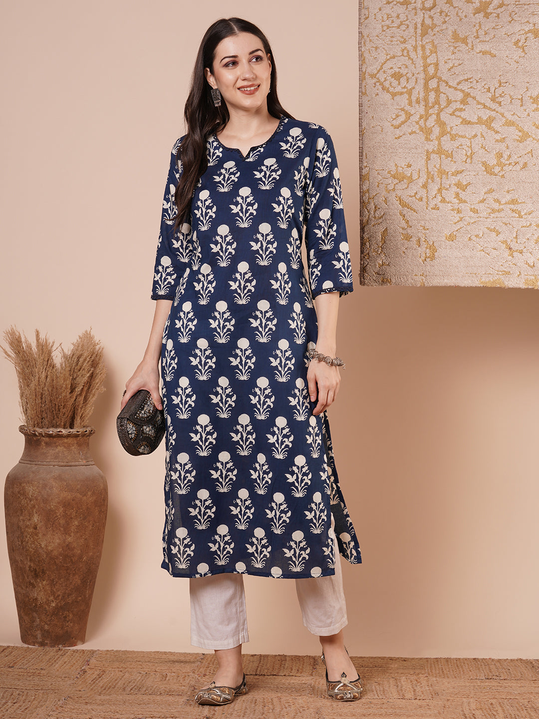 Ethnic Printed & Embroidered Straight Fit Kurta - Blue