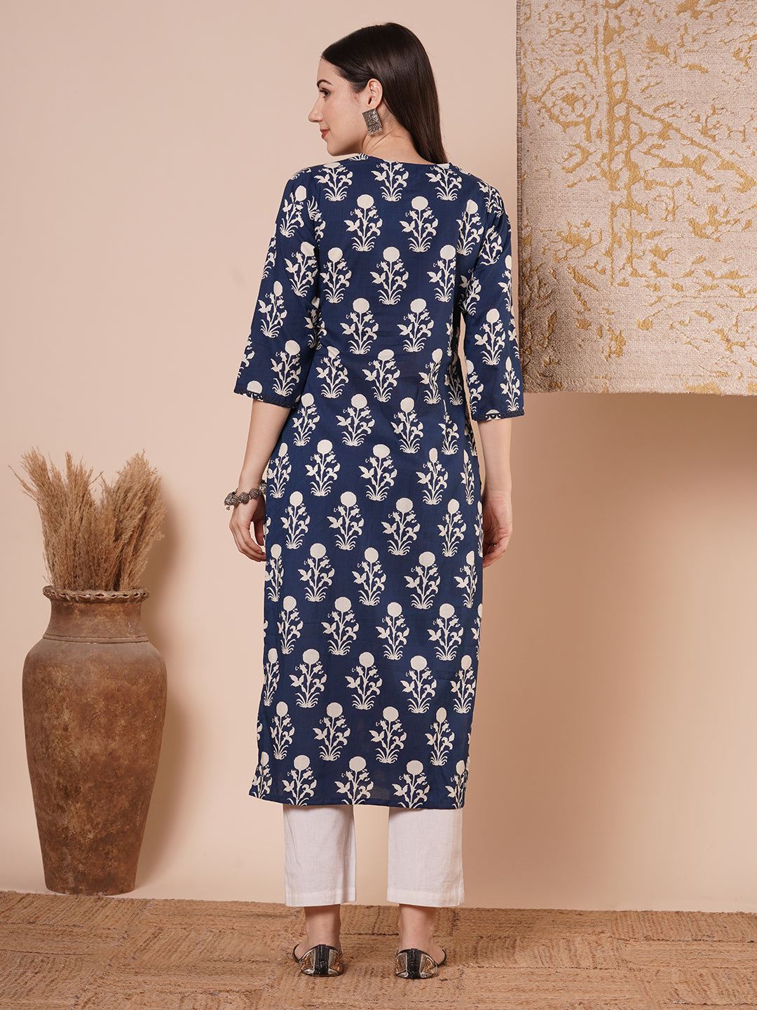 Ethnic Printed & Embroidered Straight Fit Kurta - Blue