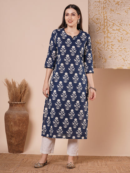 Ethnic Printed & Embroidered Straight Fit Kurta - Blue