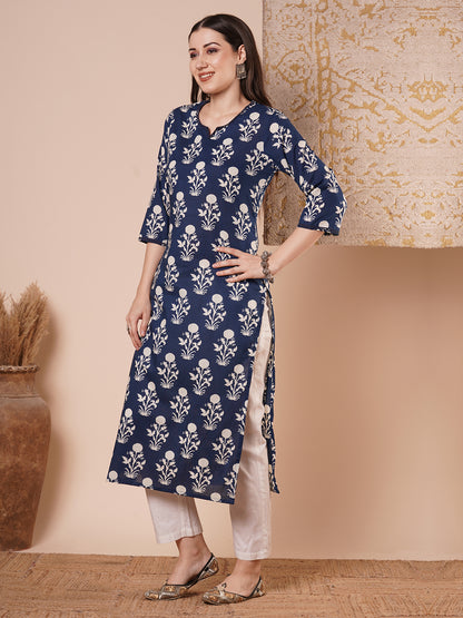 Ethnic Printed & Embroidered Straight Fit Kurta - Blue