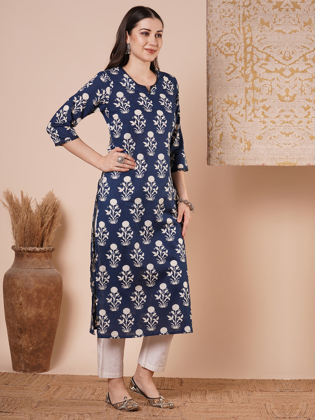 Ethnic Printed & Embroidered Straight Fit Kurta - Blue