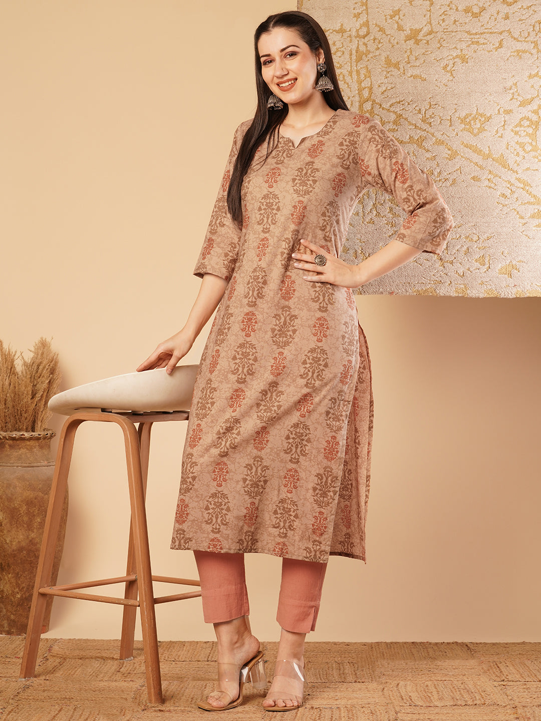 Ethnic Printed & Embroidered Straight Fit Kurta - Brown