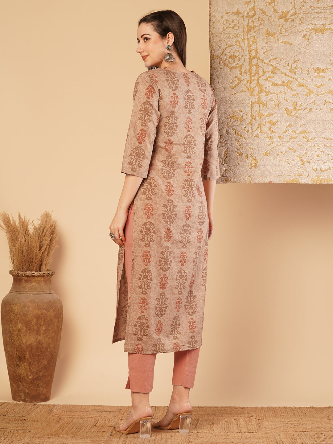 Ethnic Printed & Embroidered Straight Fit Kurta - Brown