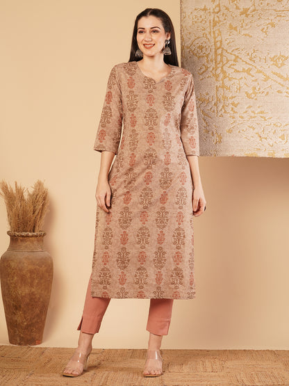 Ethnic Printed & Embroidered Straight Fit Kurta - Brown