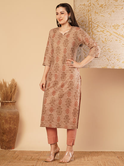 Ethnic Printed & Embroidered Straight Fit Kurta - Brown