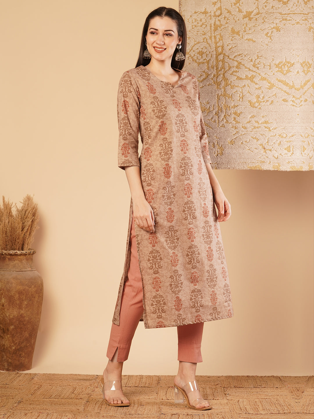 Ethnic Printed & Embroidered Straight Fit Kurta - Brown