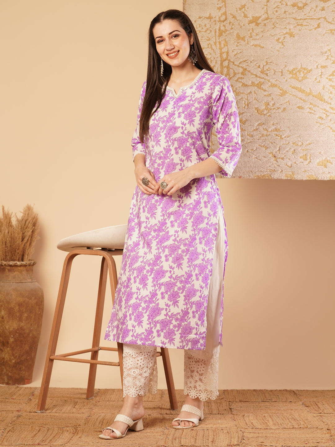 Ethnic Printed & Embroidered Straight Fit Kurta - Purple