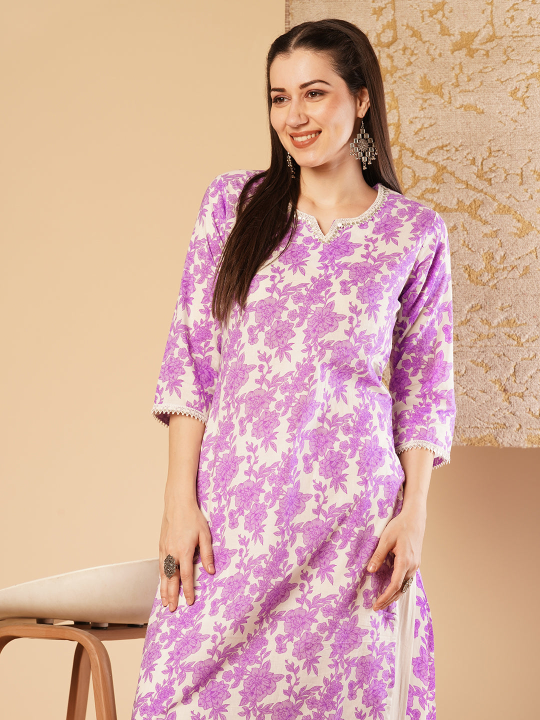 Ethnic Printed & Embroidered Straight Fit Kurta - Purple