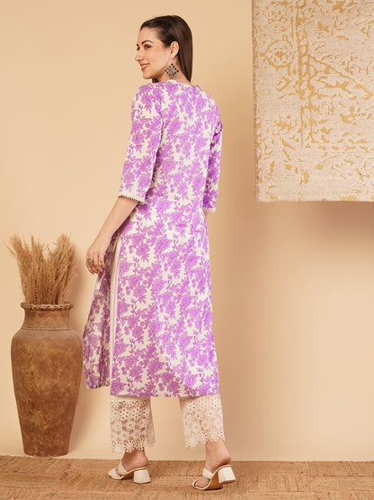 Ethnic Printed & Embroidered Straight Fit Kurta - Purple