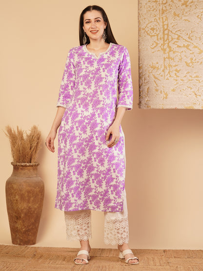 Ethnic Printed & Embroidered Straight Fit Kurta - Purple