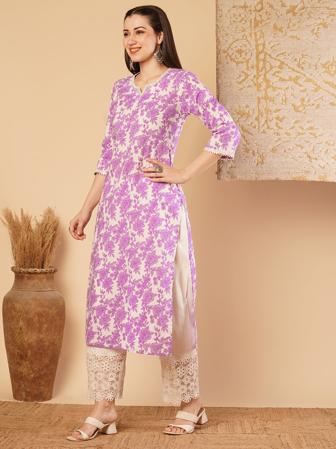 Ethnic Printed & Embroidered Straight Fit Kurta - Purple