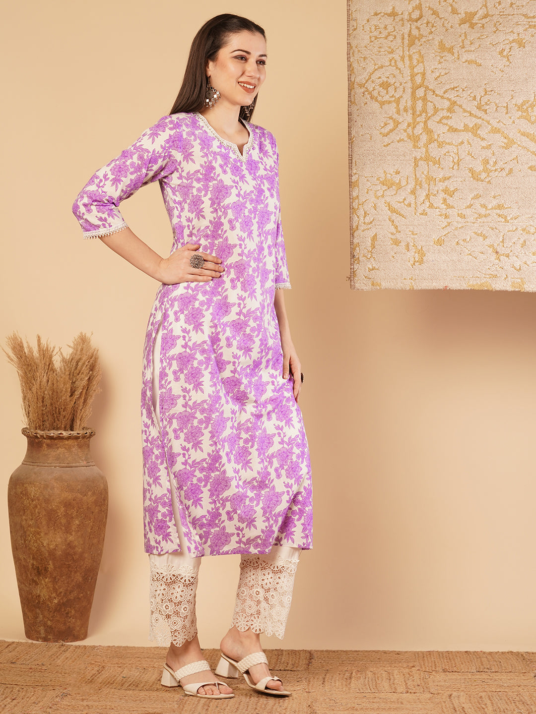 Ethnic Printed & Embroidered Straight Fit Kurta - Purple