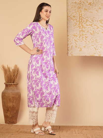 Ethnic Printed & Embroidered Straight Fit Kurta - Purple