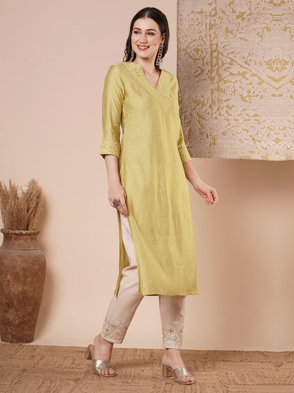 Solid Mirror Embroidered Straight Fit Kurta - Dull Yellow