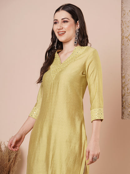 Solid Mirror Embroidered Straight Fit Kurta - Dull Yellow