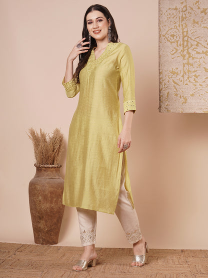 Solid Mirror Embroidered Straight Fit Kurta - Dull Yellow