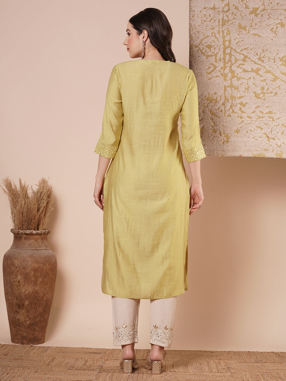 Solid Mirror Embroidered Straight Fit Kurta - Dull Yellow