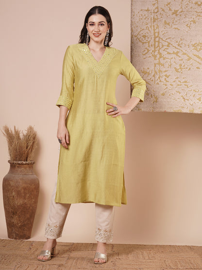 Solid Mirror Embroidered Straight Fit Kurta - Dull Yellow