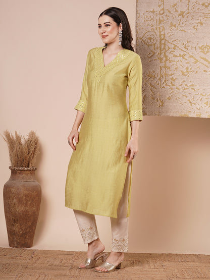 Solid Mirror Embroidered Straight Fit Kurta - Dull Yellow