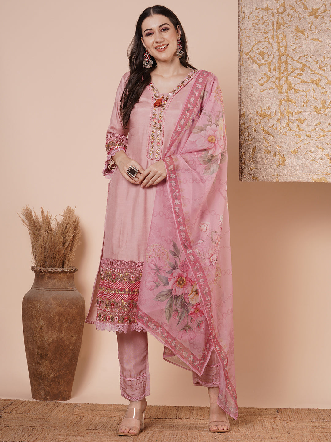 Floral Printed & Embroidered Straight Kurta with Pant & Dupatta - Pink