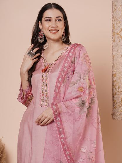 Floral Printed & Embroidered Straight Kurta with Pant & Dupatta - Pink
