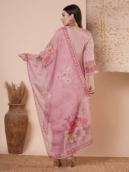 Floral Printed & Embroidered Straight Kurta with Pant & Dupatta - Pink