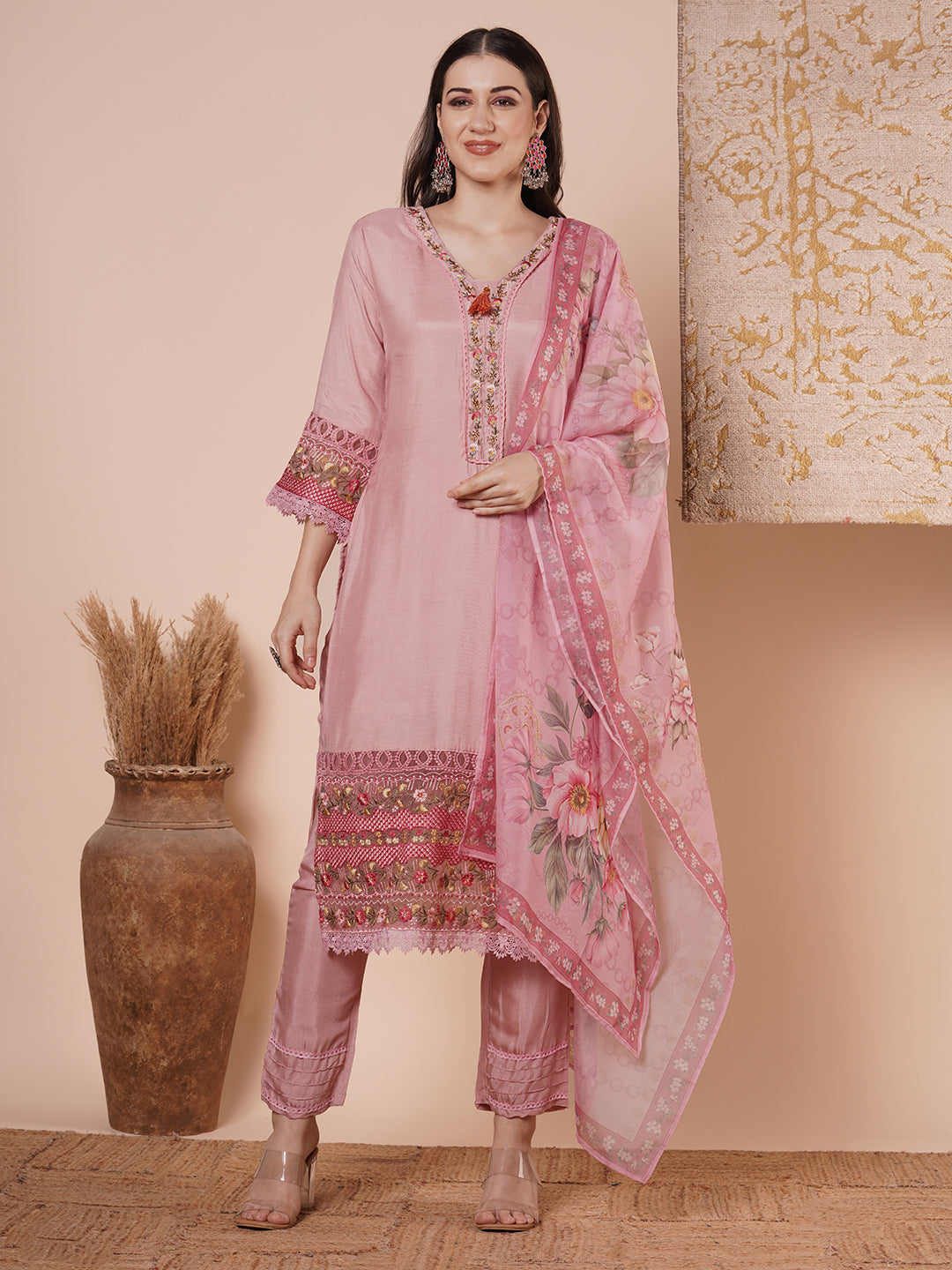 Floral Printed & Embroidered Straight Kurta with Pant & Dupatta - Pink