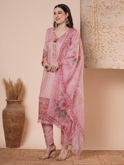 Floral Printed & Embroidered Straight Kurta with Pant & Dupatta - Pink