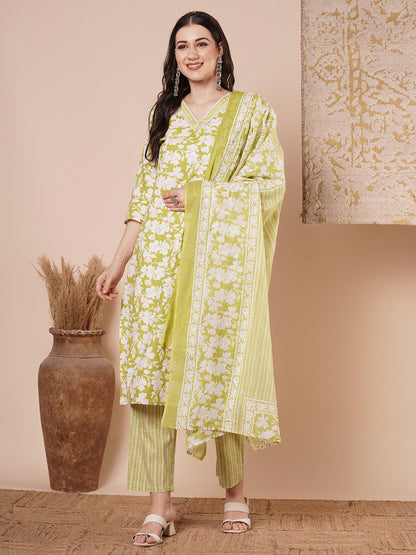 Ethnic Floral & Stripes Printed Straight Kurta with Pant and Dupatta - Light Green