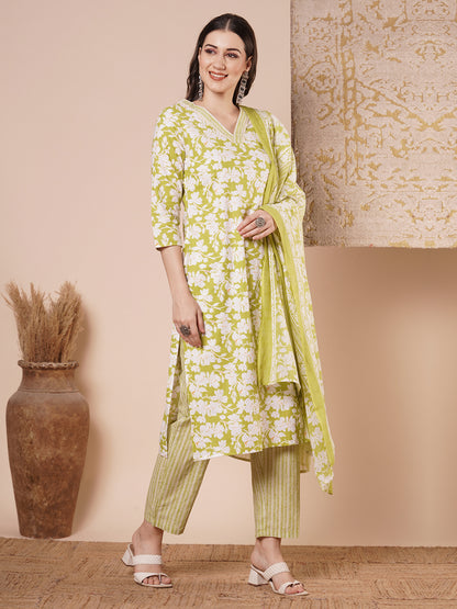 Ethnic Floral & Stripes Printed Straight Kurta with Pant and Dupatta - Light Green