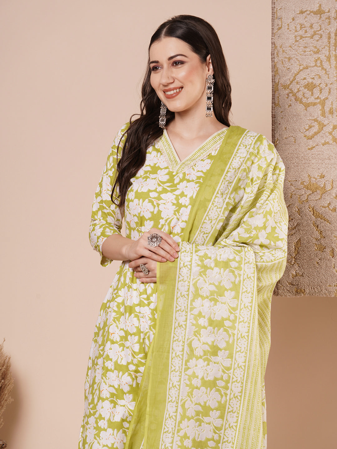 Ethnic Floral & Stripes Printed Straight Kurta with Pant and Dupatta - Light Green