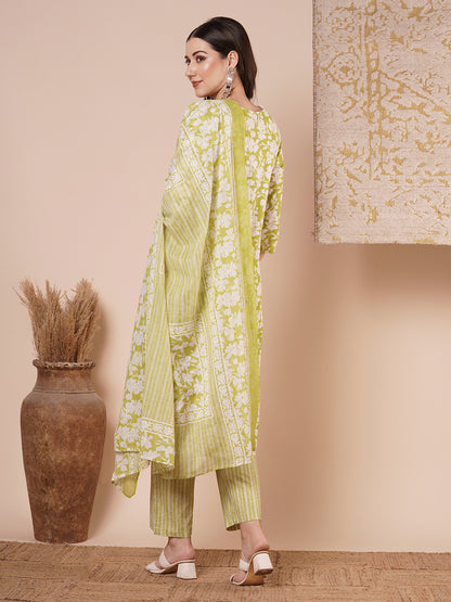 Ethnic Floral & Stripes Printed Straight Kurta with Pant and Dupatta - Light Green