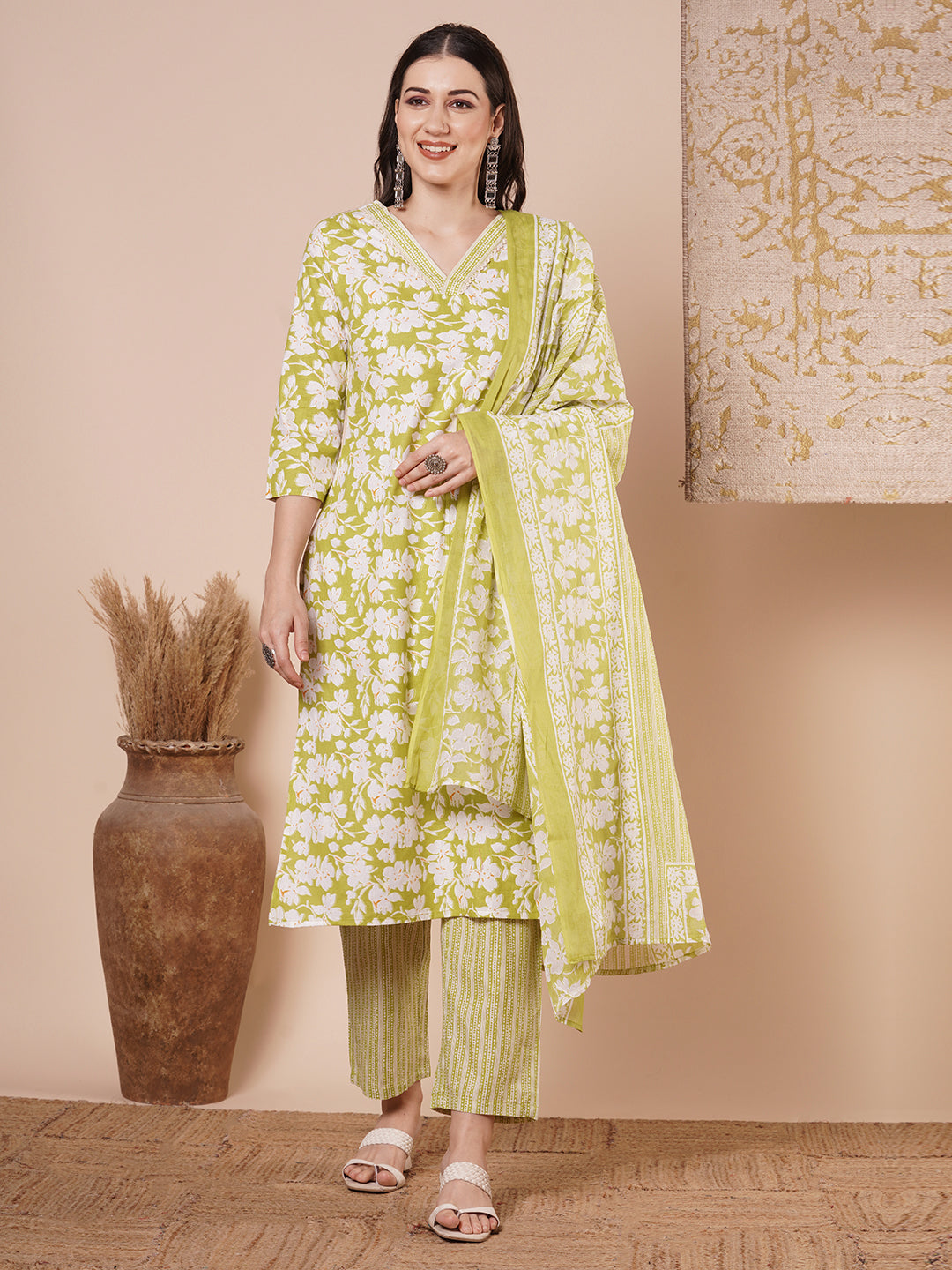 Ethnic Floral & Stripes Printed Straight Kurta with Pant and Dupatta - Light Green