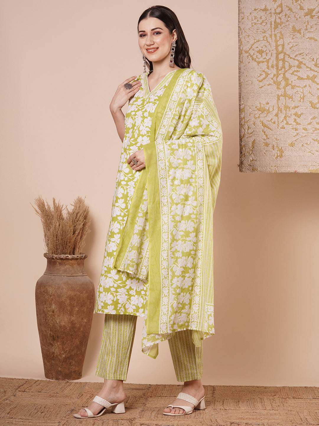 Ethnic Floral & Stripes Printed Straight Kurta with Pant and Dupatta - Light Green