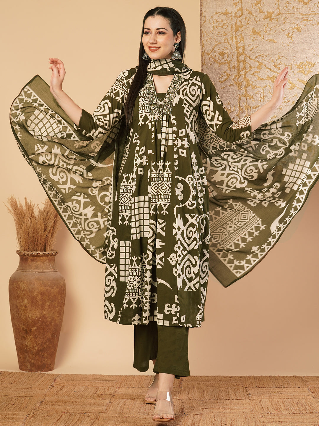 Abstract Floral Printed & Embroidered A-Line Paneled Kurta with Palazzo & Dupatta - Green